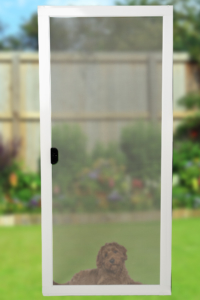 Replacement sliding door screen equipped with PetScreen mesh for pet owners
