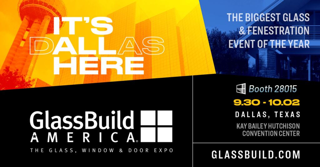 RiteScreen at GlassBuild 2024 with Dallas skyline graphic